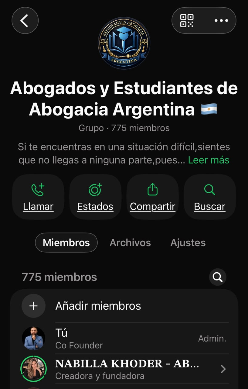 Captura del grupo de WhatsApp Abogados y Estudiantes de Abogacía Argentina con 775 miembros